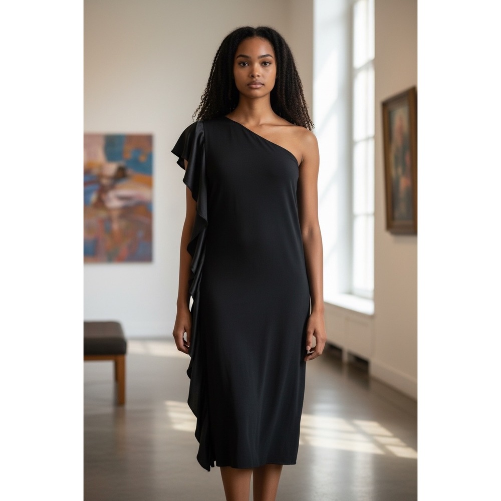 Lauren Ralph Lauren Evening Black One Shoulder Silk Ruffle Cocktail Dress Sz 14